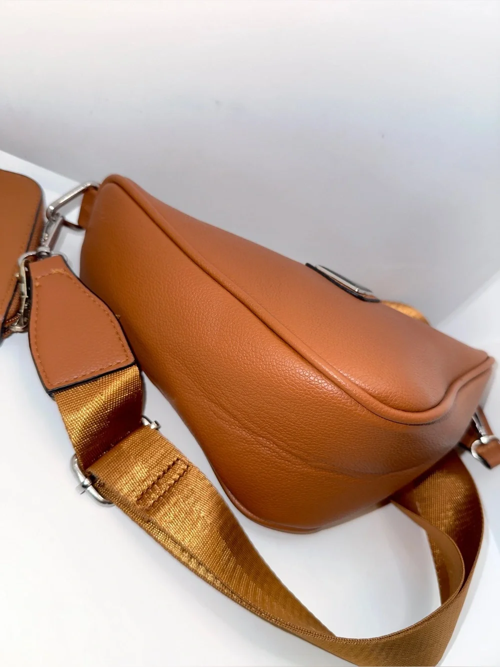 Designer-Inspired Brown Faux Leather Triangle Logo Crossbody Bag W/Pouch